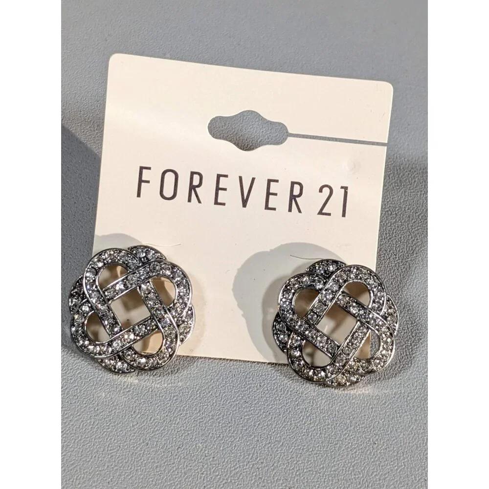 Forever 21 Silver Tone Round Knot Crystal Cut Out‎ Stud Pierced Earrings